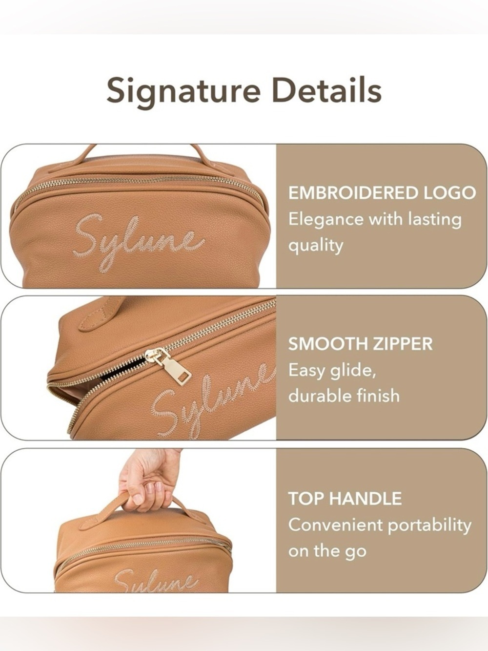 Sylune Classic Makeup Bag , Pebbled Faux Leather , Camel Brown - Picture 2 of 15